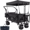 Collapsible Wagon Heavy Duty Folding Wagon Cart with Removable Canopy, 4" Wide Large All Terrain Wheels, Brake, Adjustable Handles